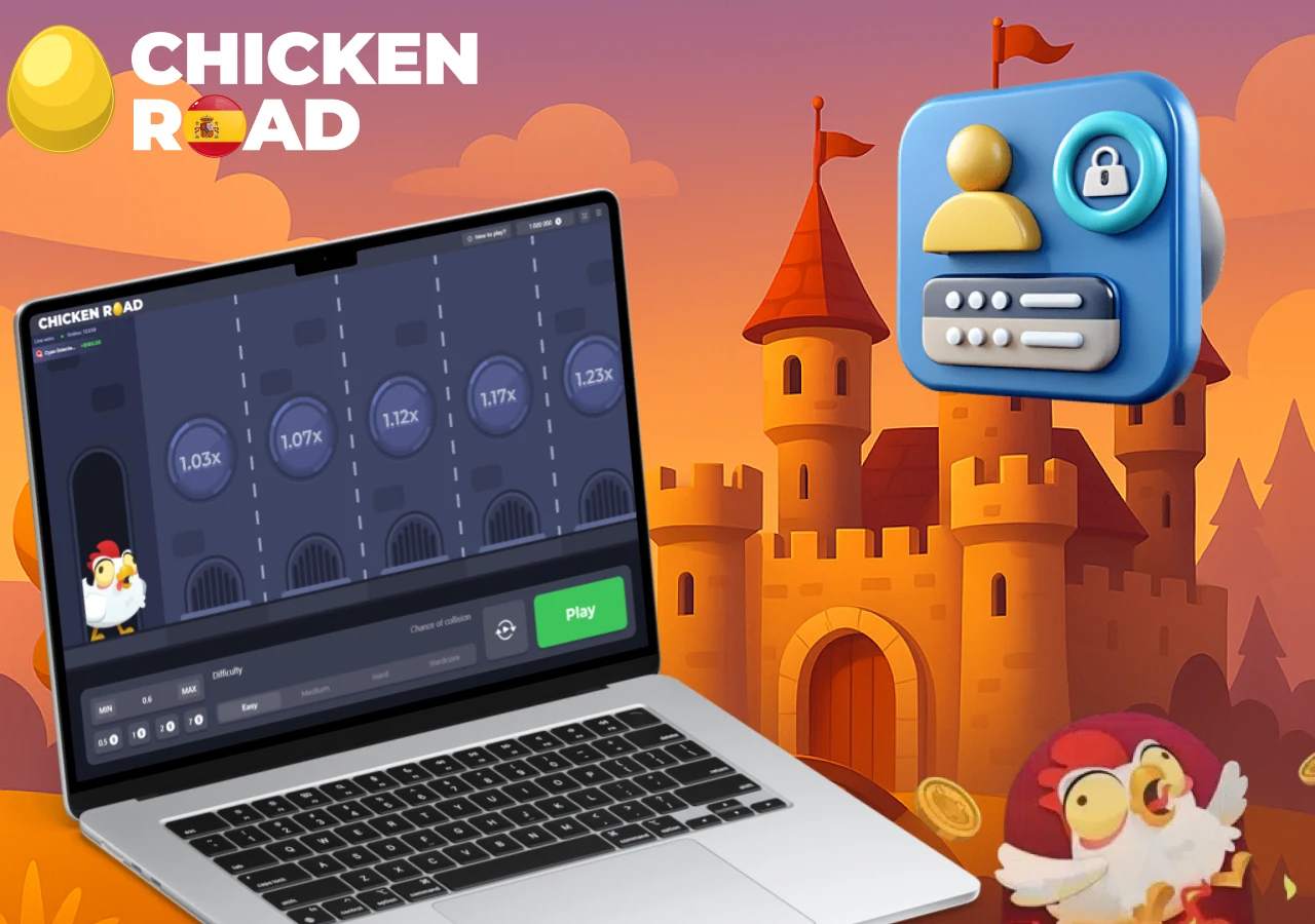 Pantalla de inicio de sesión en Chicken Road con ícono de seguridad y castillo al atardecer en el fondo